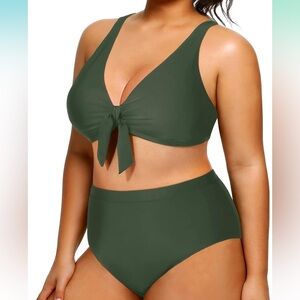 Women’s Green Two Piece Swimsuits High Waisted Set Tie Knot with Tummy Control